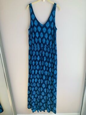 Blue Aqua Patterned Stretch Knit Maxi Dress V Neck Front and Back Old Navy Large